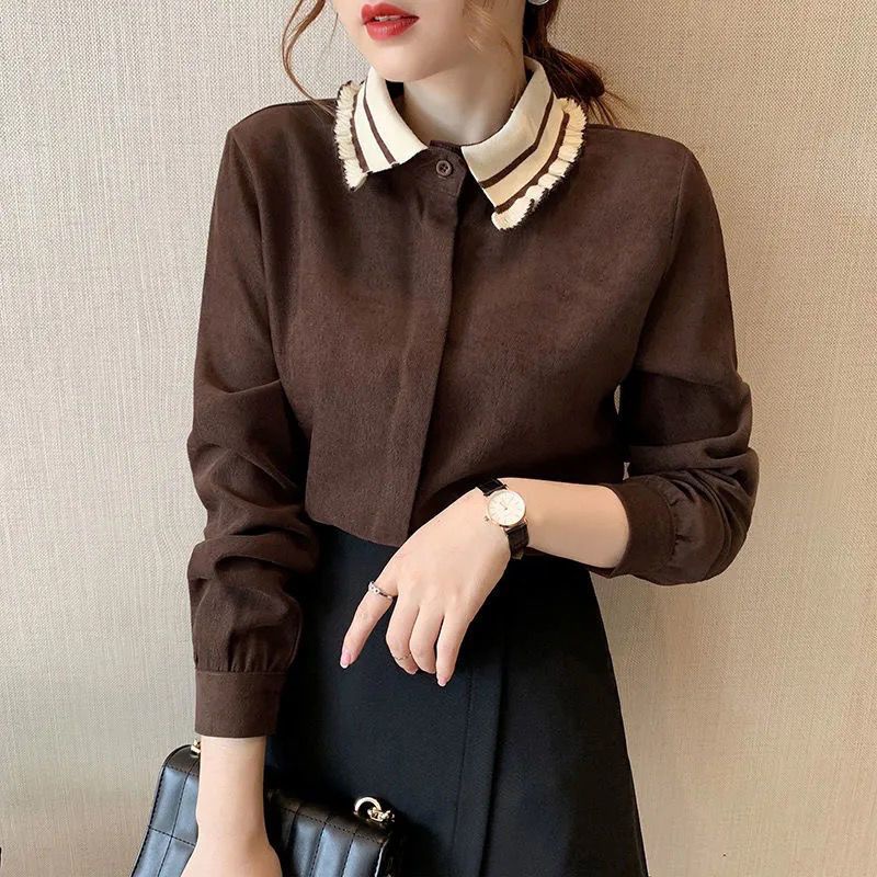 Áo Kiểu Vải Nhung Kẻ Cổ Điển Mùa Thu Kích Thước Lớn Cho Nữ