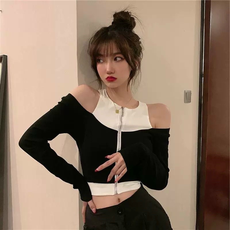 Áo thun gân dây kéo bẹt vai, [m, Áo Croptop Dài Tay Khoét Vai, Có Khóa Kéo Ngực, Dáng Ôm Năng Động Cá Tính🐝🐝🐝🐝GB8777