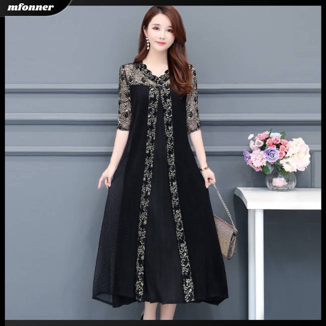 Đầm Dáng Rộng Cổ Chữ V Phối Lưới In Họa Tiết Xinh Xắn Thời Trang Cho Nữ