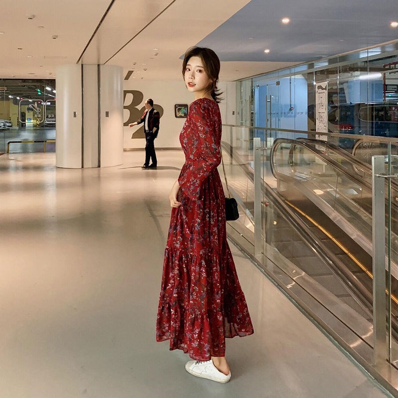 Đầm Dài Qua Gối Cổ Chữ V Lưng Cao Họa Tiết Hoa Thời Trang 2023