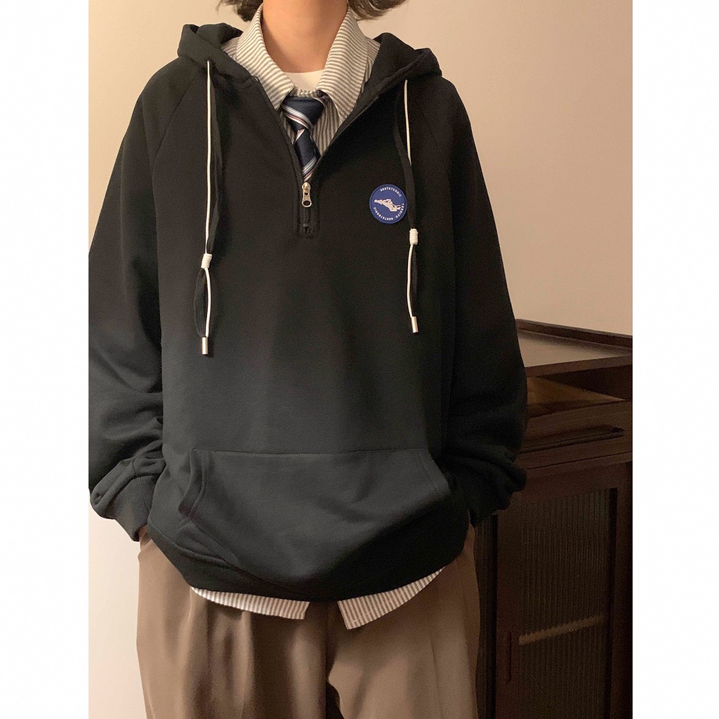 Áo Khoác Hoodie Nỉ Dáng Rộng Phối Khóa Kéo Cá Tính Cho Nam