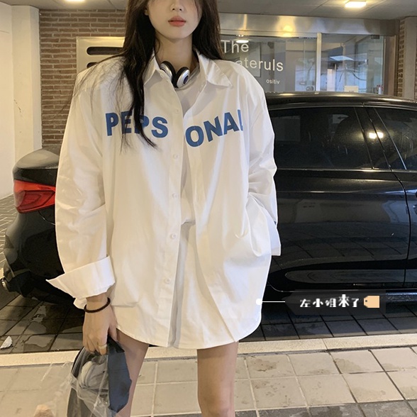 Áo sơ mi SUXI tay dài dáng rộng in chữ trẻ trung phong cách Hàn Quốc cho bạn gái
