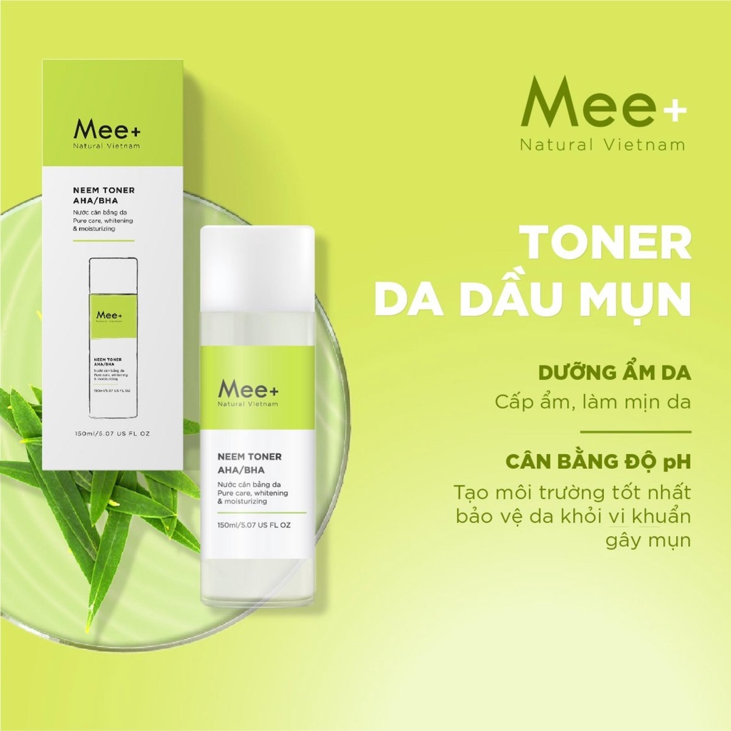 Toner Da Dầu Mụn Mee Natural , Nước Hoa Hồng Dưỡng Ẩm , Làm Trắng Da Neem Toner AHA/BHA 150ml