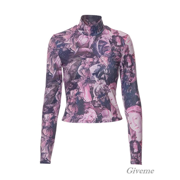 Áo Thun Nữ Tay Dài Cổ Cao In Hình Chân Dung Thời Trang