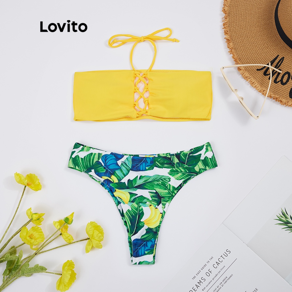 Set bikini LOVITO dây rút dạng cột hở lưng viền xếp ly họa tiết kiểu nhiệt đới phong cách boho L18X378 (Màu vàng)