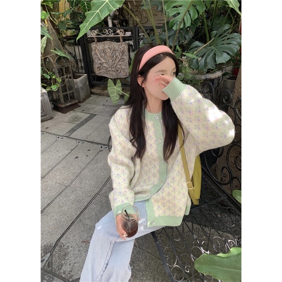 Áo cardigan len, áo khoác thổ cẩm vintage màu xanh lá bánh bèo Hàn Quốc