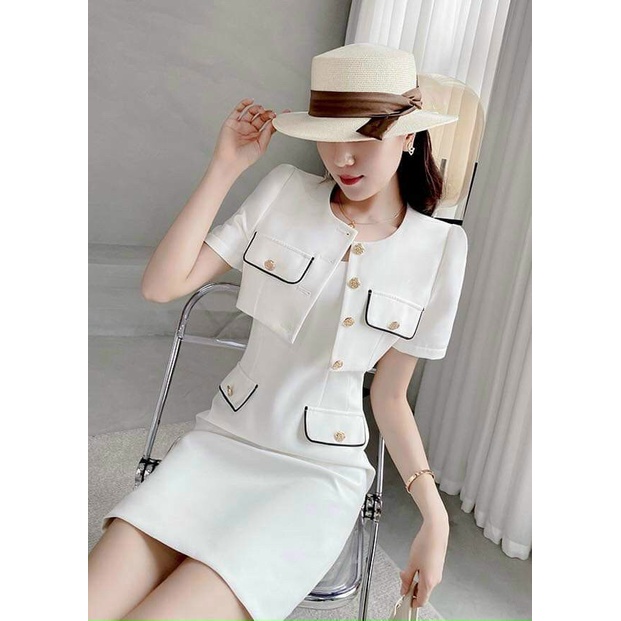 Đầm nữ thời trang mặc đi chơi chất cotton lạnh hai dây phối túi giả kèm khoác cổ tròn tay ngắn cá tính