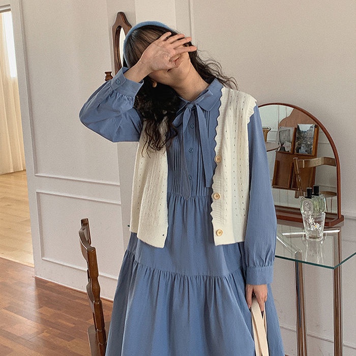 Đầm Midi Tay Dài Cổ Bẻ Cột Dây Dáng Rộng Phong Cách Hàn Quốc Thời Trang Cho Nữ