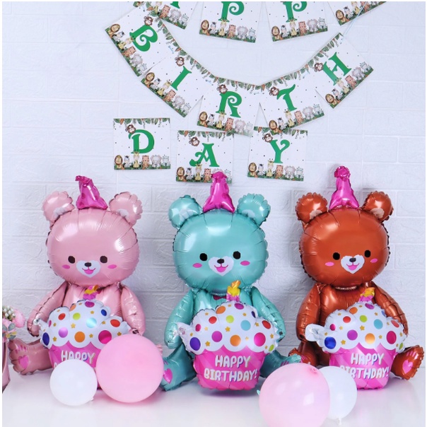 Bóng gấu + bánh cupcake happy birthday 3D trang trí sinh nhật, đồ chơi, quà tặng cho bé