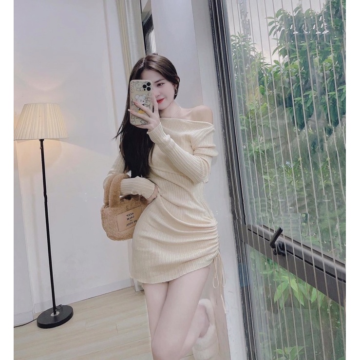 Đầm body bẹt vai rút dây