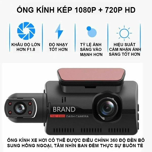 Camera hành trình ô tô 360 độ, 2 camera ghi âm ghi hình 1080P hồng ngoại ban đêm siêu nét, màn hình 3inch