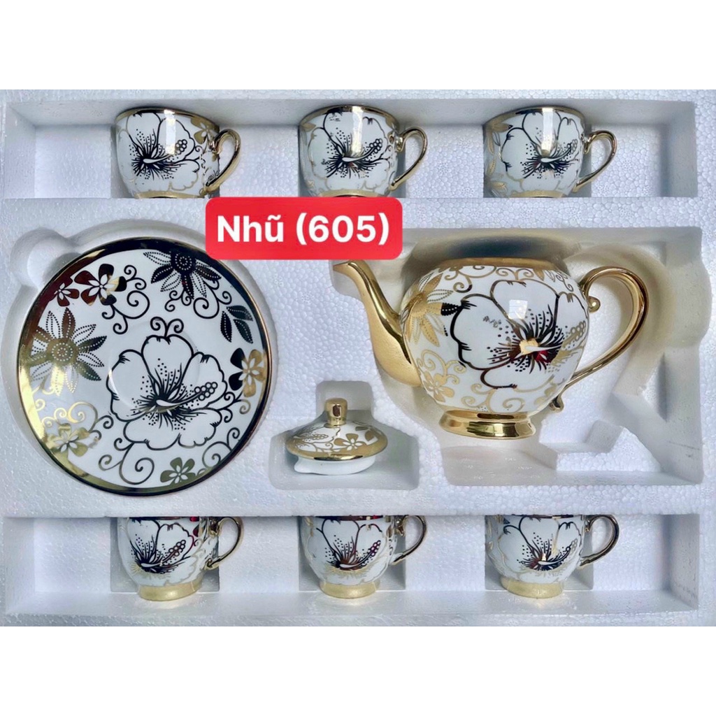 Bộ Ấm Trà 6 Ly Kèm Đĩa Hoàng Gia Nhũ Vàng Sang Trọng Giao Màu Ngẫu Nhiên