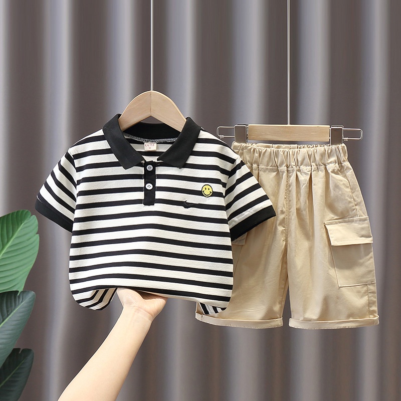 Set áo polo kèm short kaki Bộ áo kẻ sọc quần lửng bé trai từ 1 đến 10 tuổi