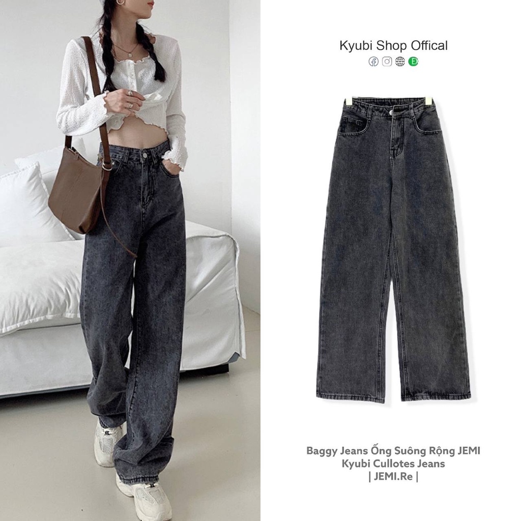 Quần jean nữ xám ống rộng cạp lưng cao KYUBI phong cách Ulzzang old shool (đủ bigsize) - Quần jeans suông NT2