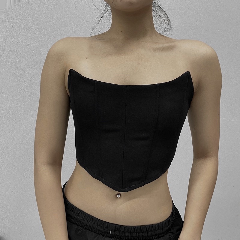 Áo bra corset xương cá vạt chéo V cut màu đen phong cách âu mỹ