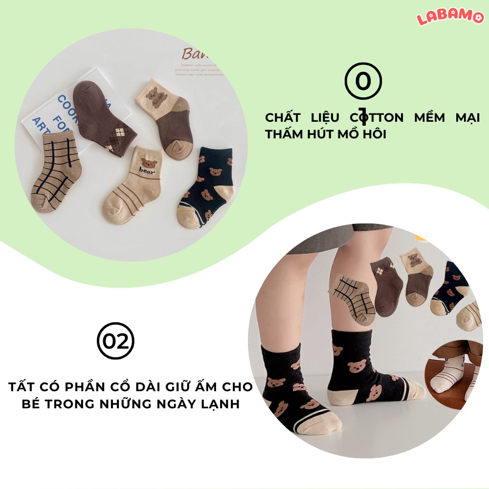 Sét 5 đôi tất cao cổ chất liệu cotton cho bé trai bé gái từ 0 - 8 tuổi họa tiết hình gấu Hàn Quốc