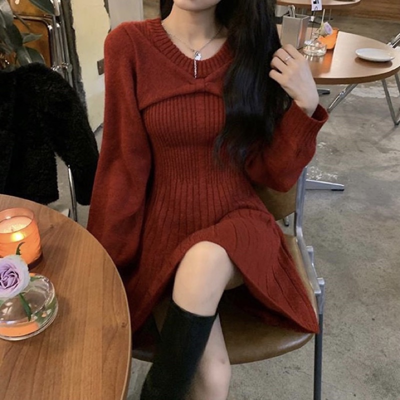 Váy đầm nữ len ngắn dự tiệc màu đỏ đô dày dặn dài tay dáng xòe ôm body cổ giả yếm phong cách Hàn quốc xinh xắn