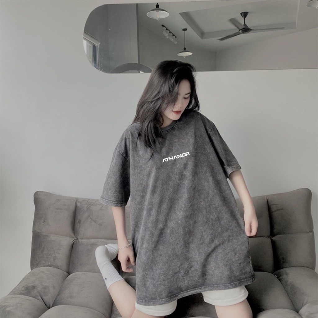 Áo thun Unisex cotton Xám khói in chữ ATHANOR