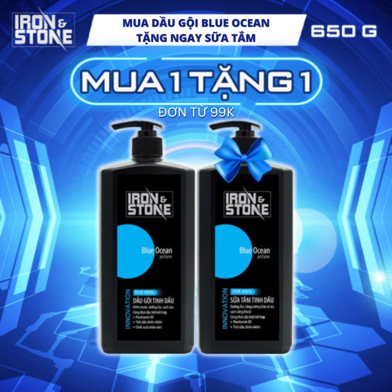 Dầu gội đầu IRON&STONE Innovation hương Blue Ocean dành cho nam dung tích 650G CH16, dưỡng tóc mềm mượt, làm sạch sâu