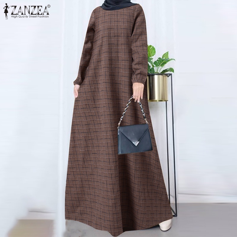 Zanzea Đầm Maxi Tay Phồng Cổ Tròn Phong Cách Đường Phố Thời Trang Cho Nữ