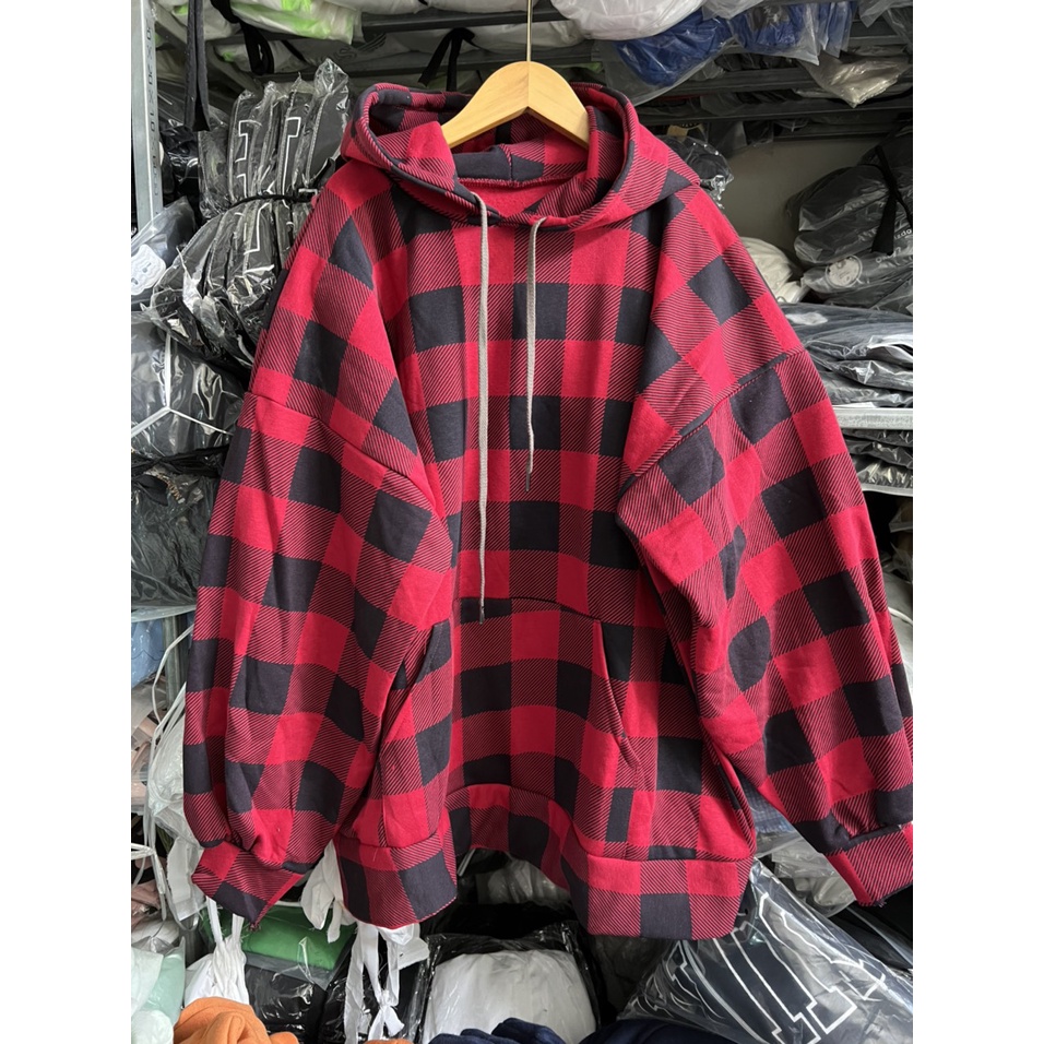 Hoodie Nam Nữu Caro Đỏ Unĩe Dáng Rộng Mũ To Túi Bụng Uzzlang Năng Động Trẻ Trung