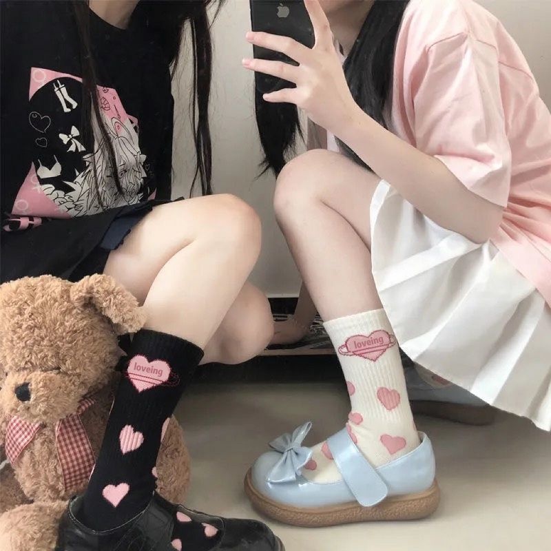 Vớ Polyester Màu Đen Họa Tiết Trái Tim Màu Hồng Tinh Tế Làm Quà Tặng Sinh Nhật Cho