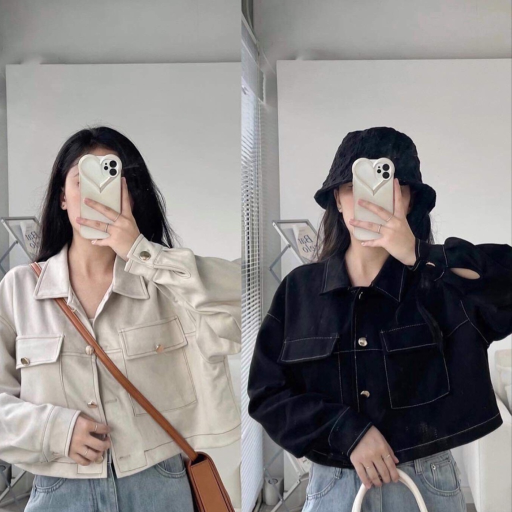 Áo khoác croptop nữ tay dài, áo khoac ngoài nữ chất da lộn AS76