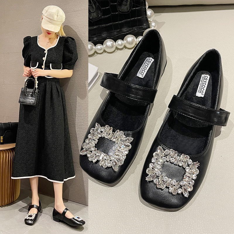 Giày búp bê đính đá cài quai dán phong cách Vintage đế thấp