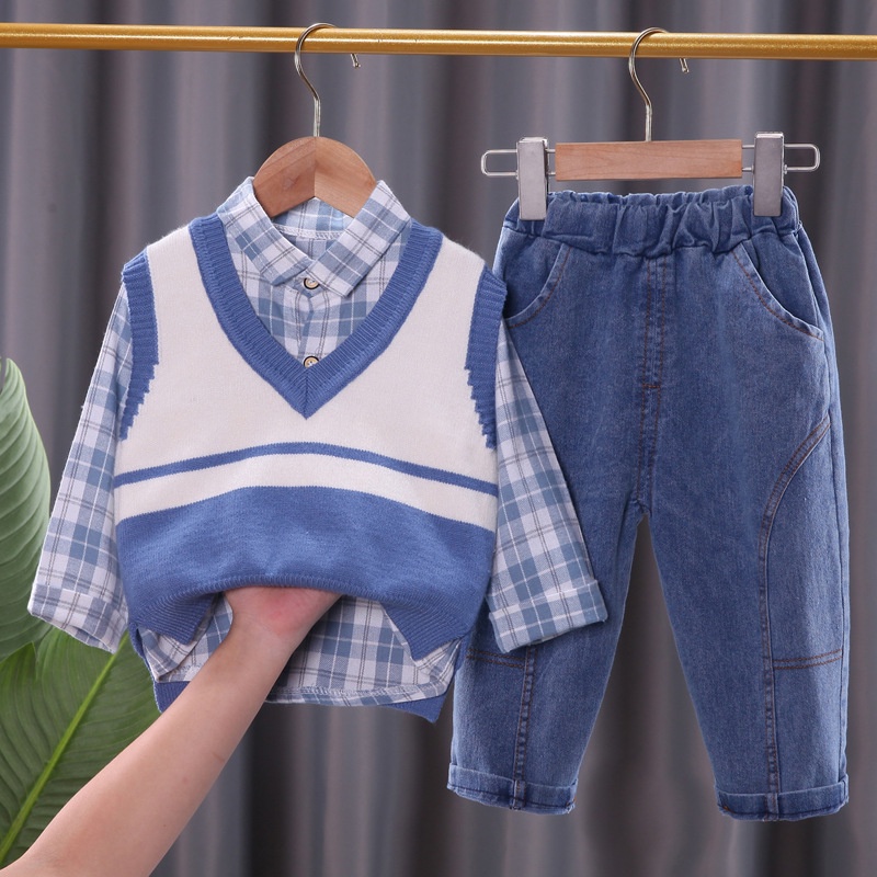 Sét áo ghi lê 3 món áo len, sơ mi, quần jean siêu đẹp cho bé trai 2022