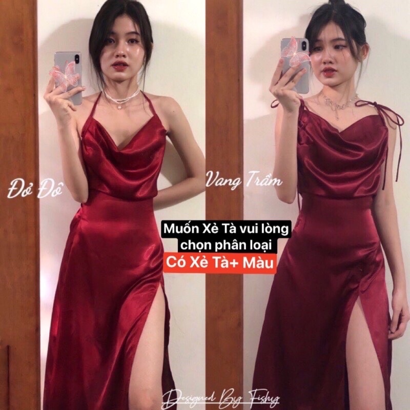 Đầm Nữ Hai Dây Lụa Dáng Dài Tà Xéo Xếp Li Cổ Nhiều Màu Phong Cách Dự Tiệc DB. FISHY