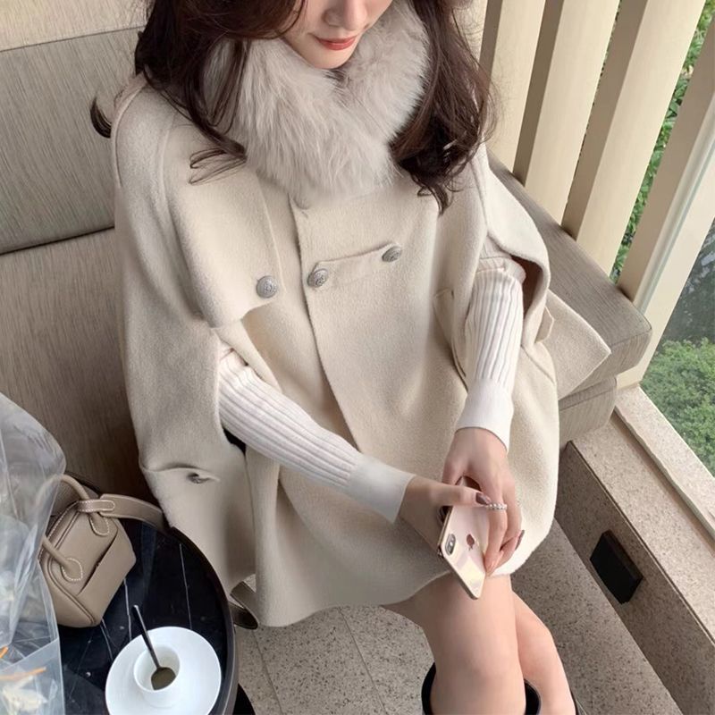 Hot | Áo Khoác Len Lông Cừu Cổ Phối Hai Hàng Nút Có Thể Tháo Rời Phong Cách retro Hàn Quốc