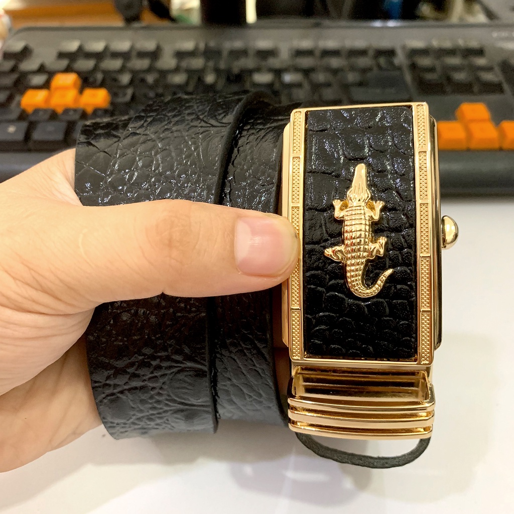 Thắt Lưng Nam Da Bò Nguyên Miếng 1 Lớp Màu Đen Dập Vân Cá Sấu Mặt Khóa Tự Động Gold