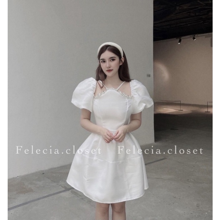 ĐẦM CỔ CHÉO VIỀN ĐÁ TAY BỒNG