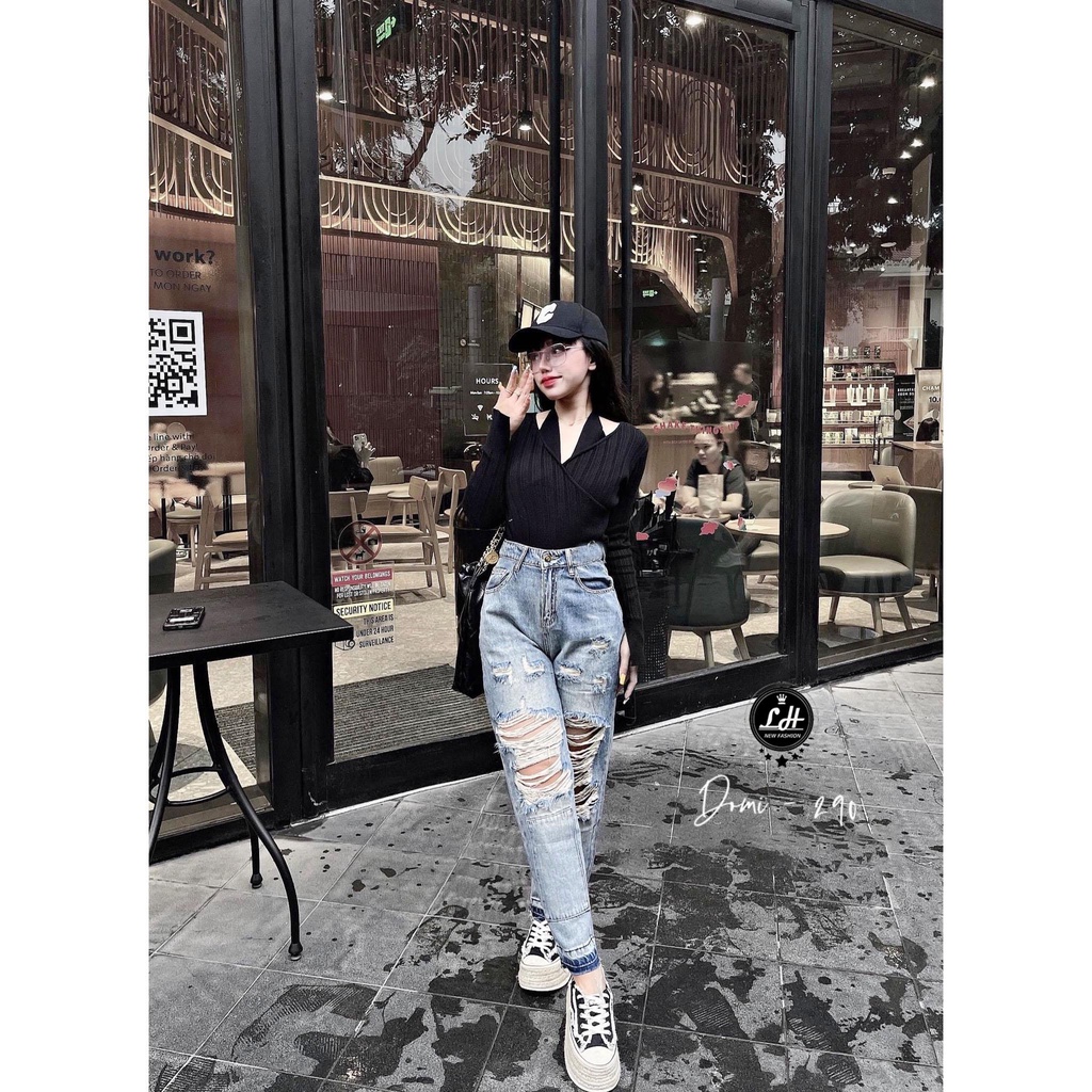 Quần baggy jean nữ rách tua rua 2 gối  có miếng vá to trên lai lưng cao siêu chất Lê Huy Fashion MS 290