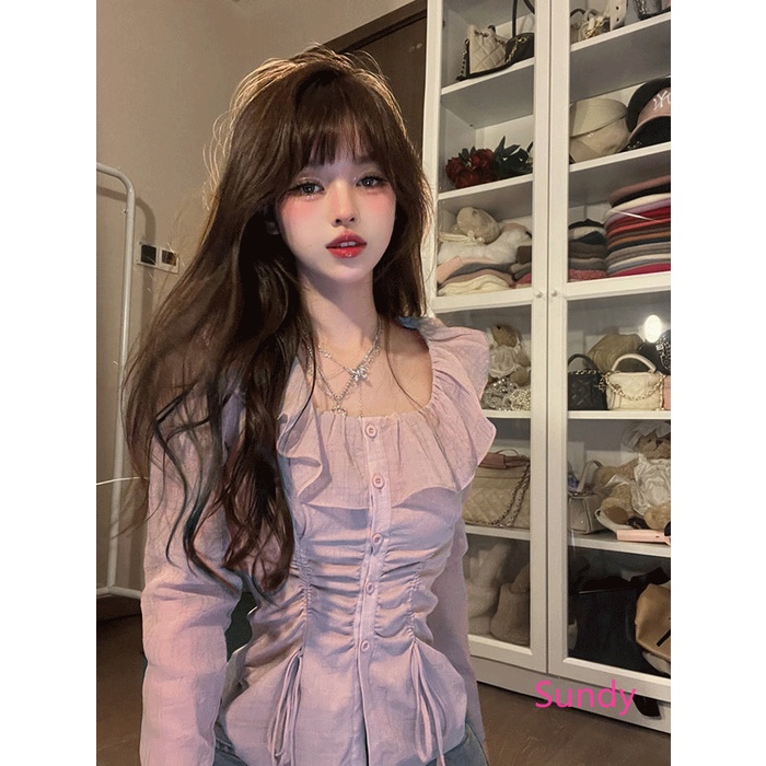 Áo Kiểu Tay Dài Cổ Vuông Phối Dây Rút Thời Trang Xuân Thu Quyến Rũ Cho Nữ