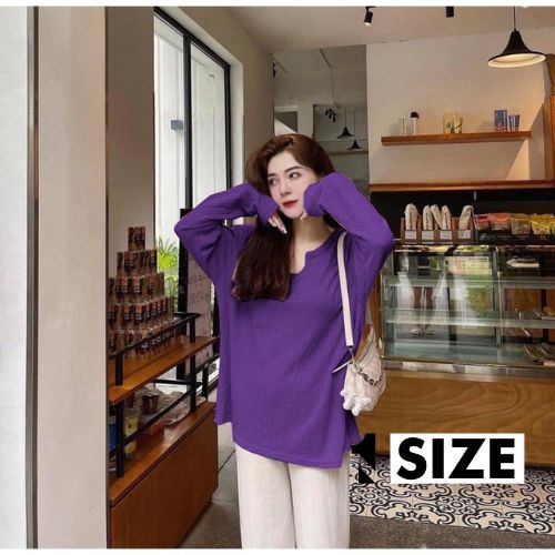 Áo thun dài tay cổ khoét form rộng chất vải tổ ong mềm unisex thời trang hàn quốc 1SIZESHOP