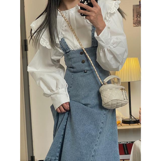 Váy yếm Bộ Áo Sơ Mi Cổ Búp Bê + Chân Váy Yếm Denim Thời Trang Mùa Xuân 2022 Phong Cách Phương Tây Dành Cho Nữ