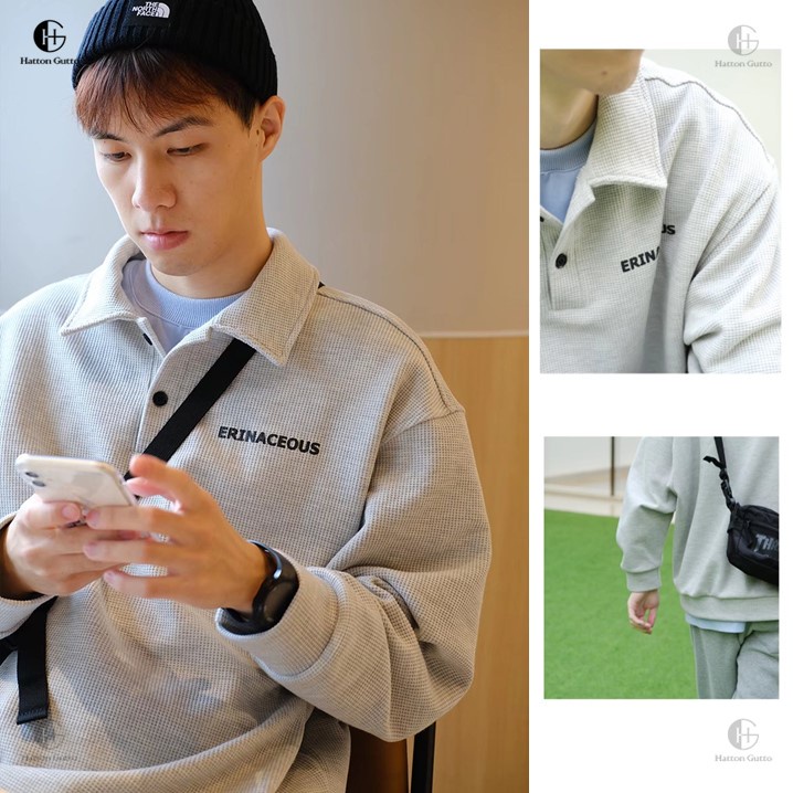 COD OOTD Áo thun polo Hatton Gutto dài tay dáng rộng phong cách Hàn Quốc đơn giản cho nam