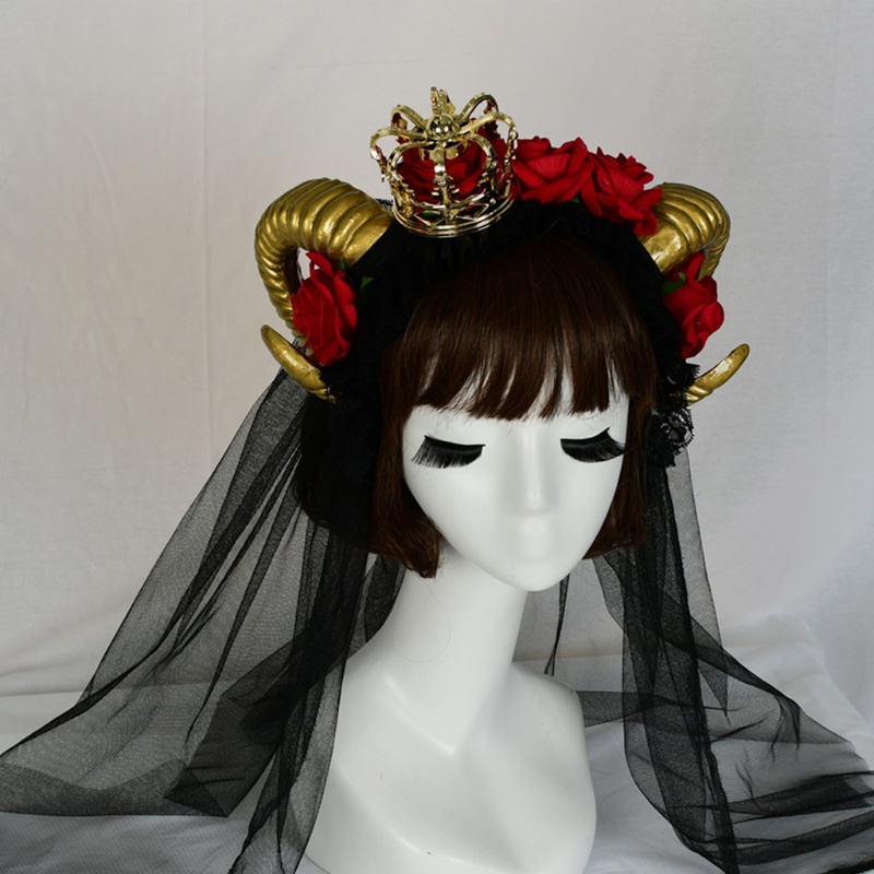 Cài Tóc Hình Sừng Bò Đính Hoa Vương Miện Phong Cách Gothic