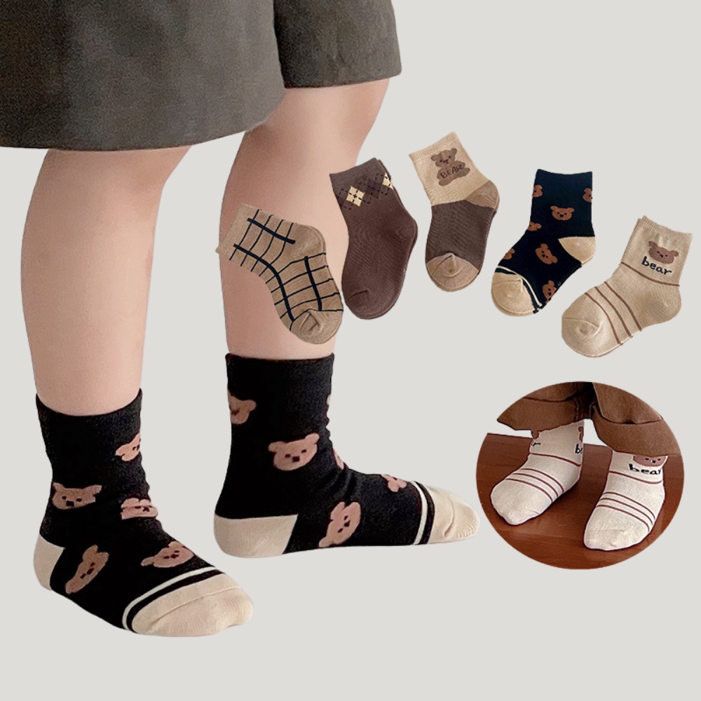 Sét 5 đôi tất cao cổ chất liệu cotton cho bé trai bé gái từ 0 - 8 tuổi họa tiết hình gấu Hàn Quốc