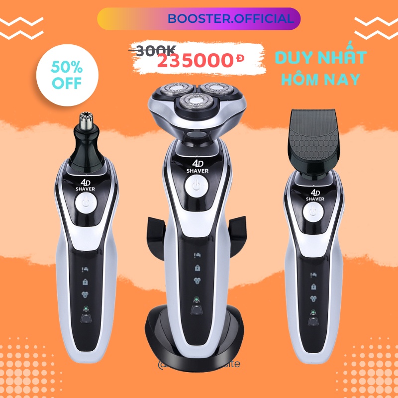 Máy cạo râu đa chức năng Shaver 4D 3in1, 3 lưỡi kép tự mài sắc, cạo sát sạch êm, chống nước