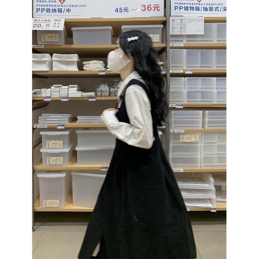 Set Áo Sơ Mi Cổ Đứng + Đầm Yếm Dáng Rộng Thời Trang Theo Phong Cách Hàn Quốc