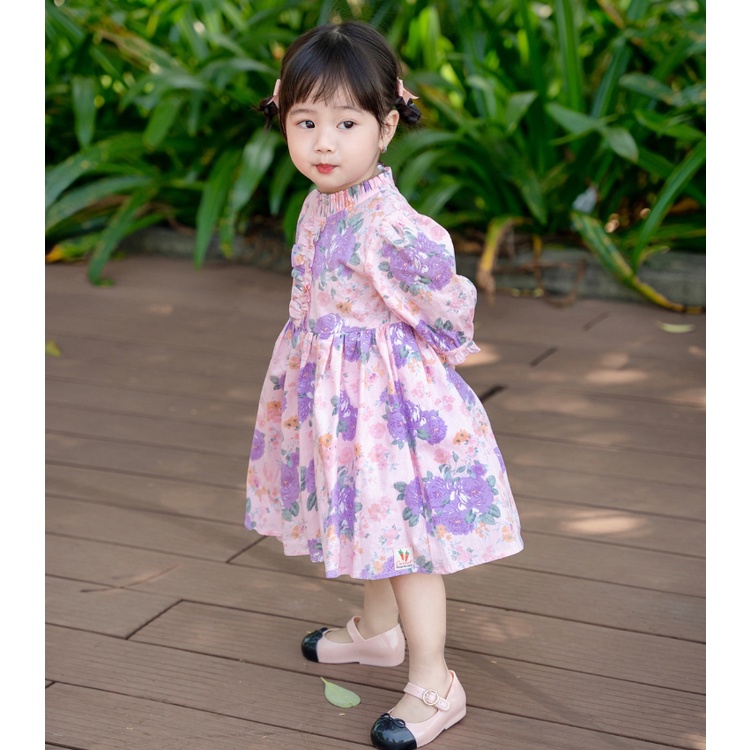 Váy Tay Lỡ Carrot Cho Bé Gái, Bèo Viền Ngực, Hoạ Tím Xinh Xắn, Chất Liệu Thô Cotton