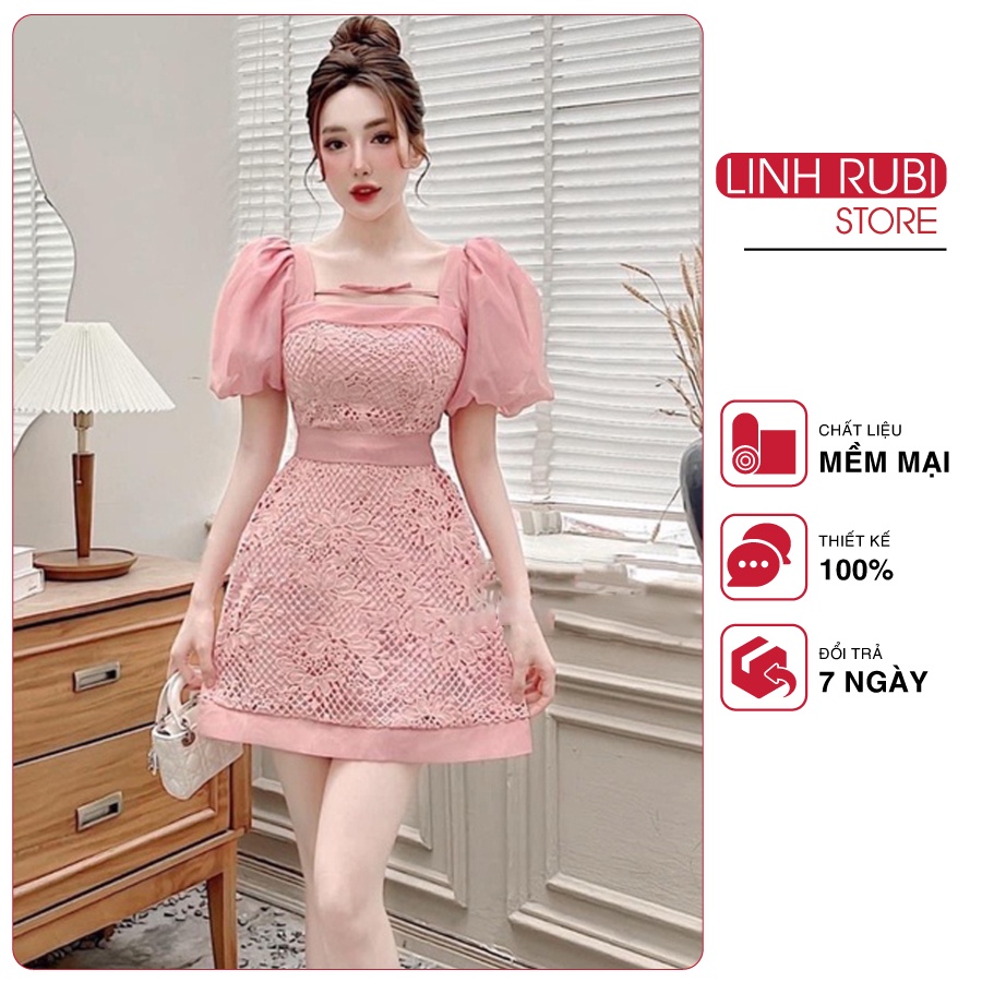 Đầm thiết kế dự tiệc LINH RUBI dáng xòe A tay bồng pha tơ ngực chất liệu ren loại 1 cực xinh V470