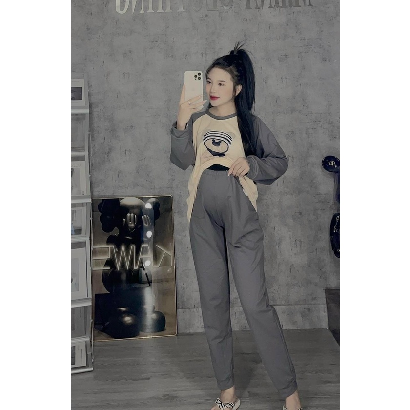 Bộ đồ bầu – Bộ đồ bầu thu đông phối họa tiết Gấu chất Cotton Da Cá mặc bầu và sau sinh BD951