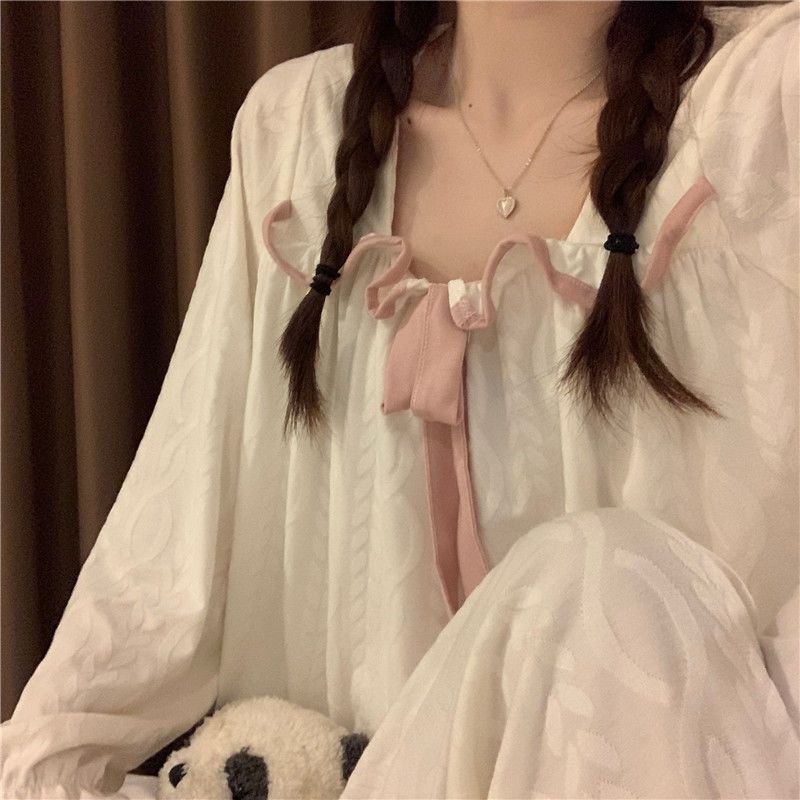 Bán Chạy#Bộ Đồ Ngủ Tay Dài Đính Nơ Phong Cách Nhật Bản Dễ Thương Thời Trang Thu Đông Cho Nữ