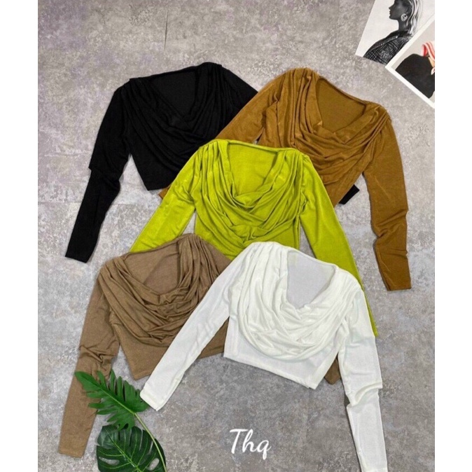Áo thun nhũ croptop tay dài cổ đổ siêu phẩm