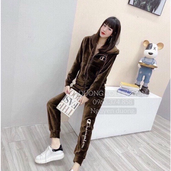 Bộ nhung nữ có mũ siêu ấm, set bộ quần áo thu đông cao cấp