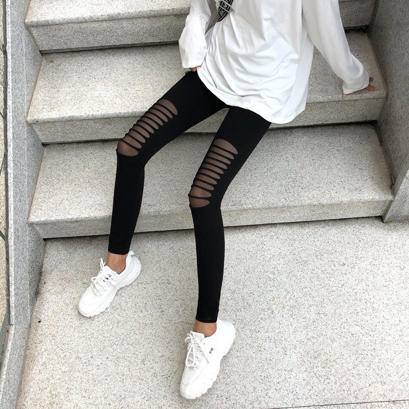 Quần Legging Lưới Mỏng Dài Tới Mắt Cá Chân Rách Gối Phong Cách Hàn Quốc Mới Cho Nữ