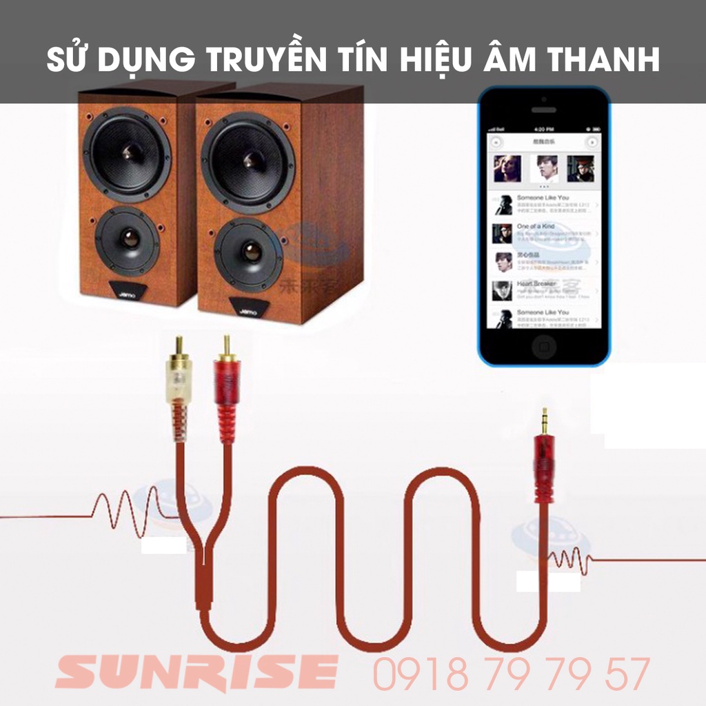Dây cáp âm thanh 3 li 3.5 ra 2 đầu RCA  dài 3-5m , Dây Cáp tín hiệuAV lõi đồng - Sunrise 204
